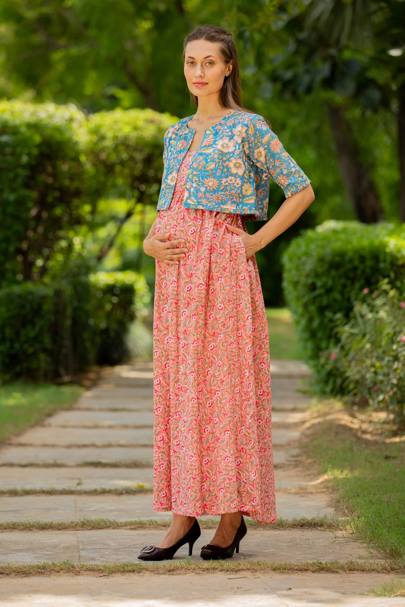 Azure Pink Floral Maternity & Nursing Jacket Dress (Set of 2) - Chenance