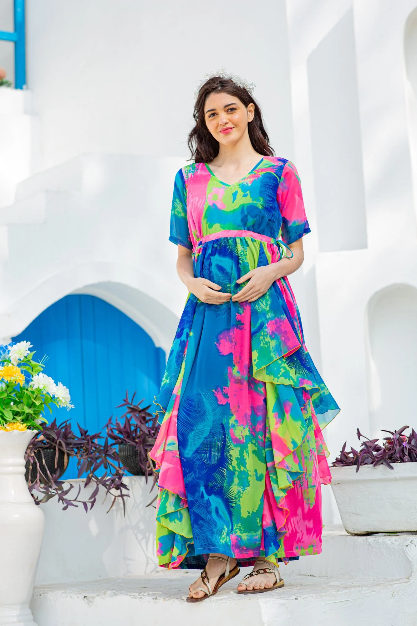 Vibrant Rainbow Maternity Flow Dress - Chenance