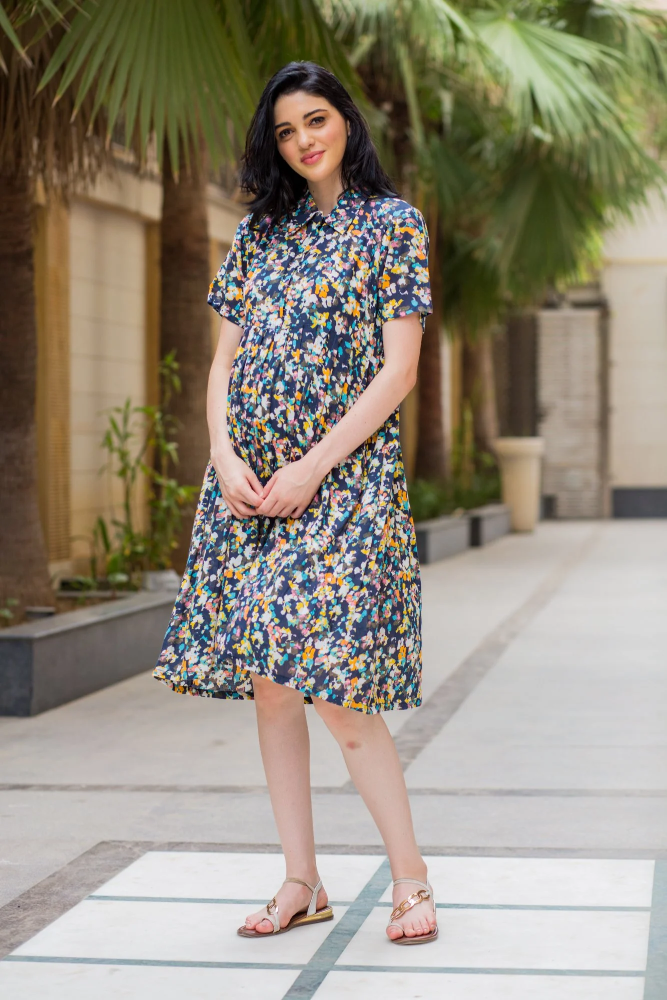 Vivid Sprinkle Maternity & Nursing Collar Dress - Chenance