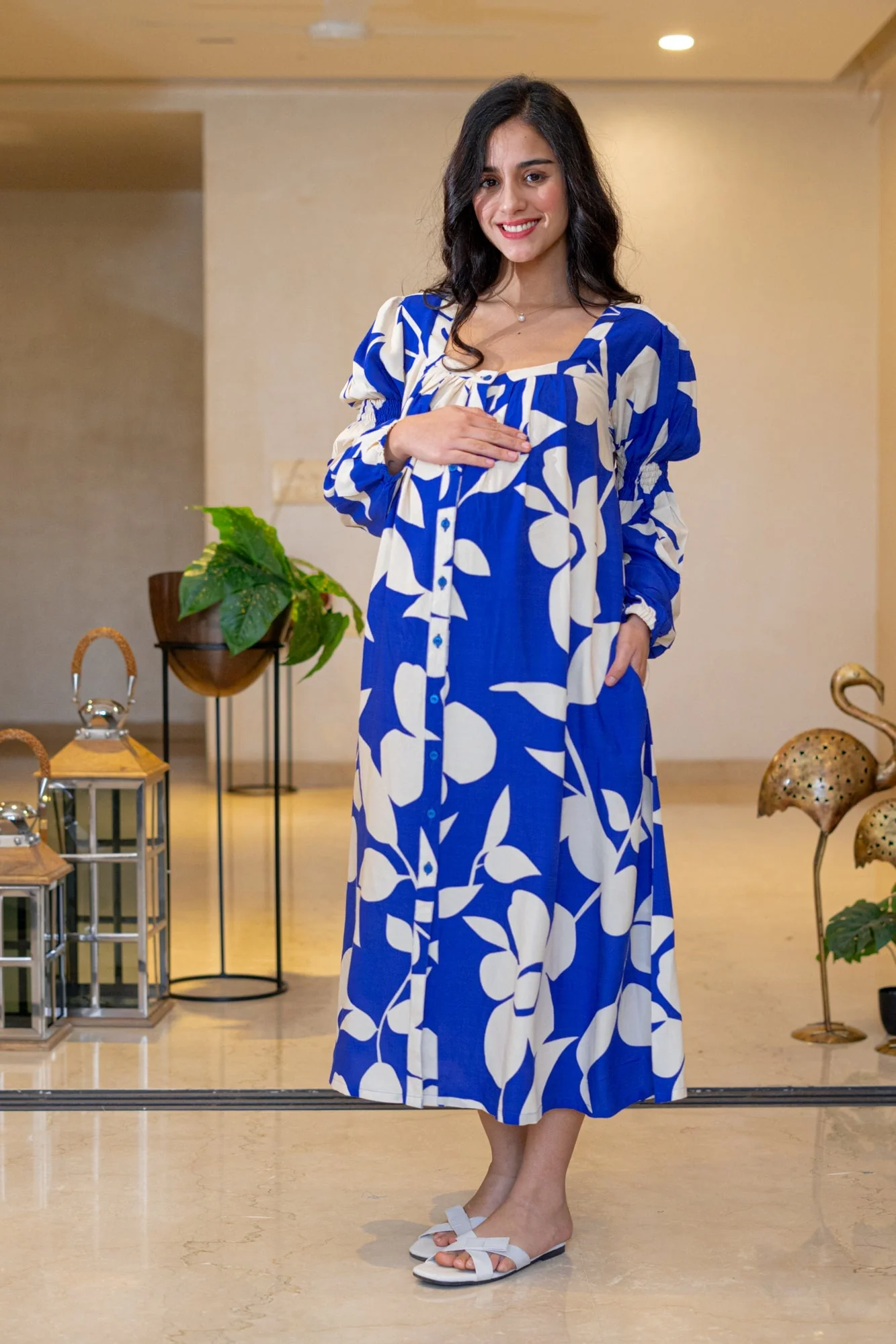 Admiral Blue Leafy Maternity & Nursing Dress - Chenance