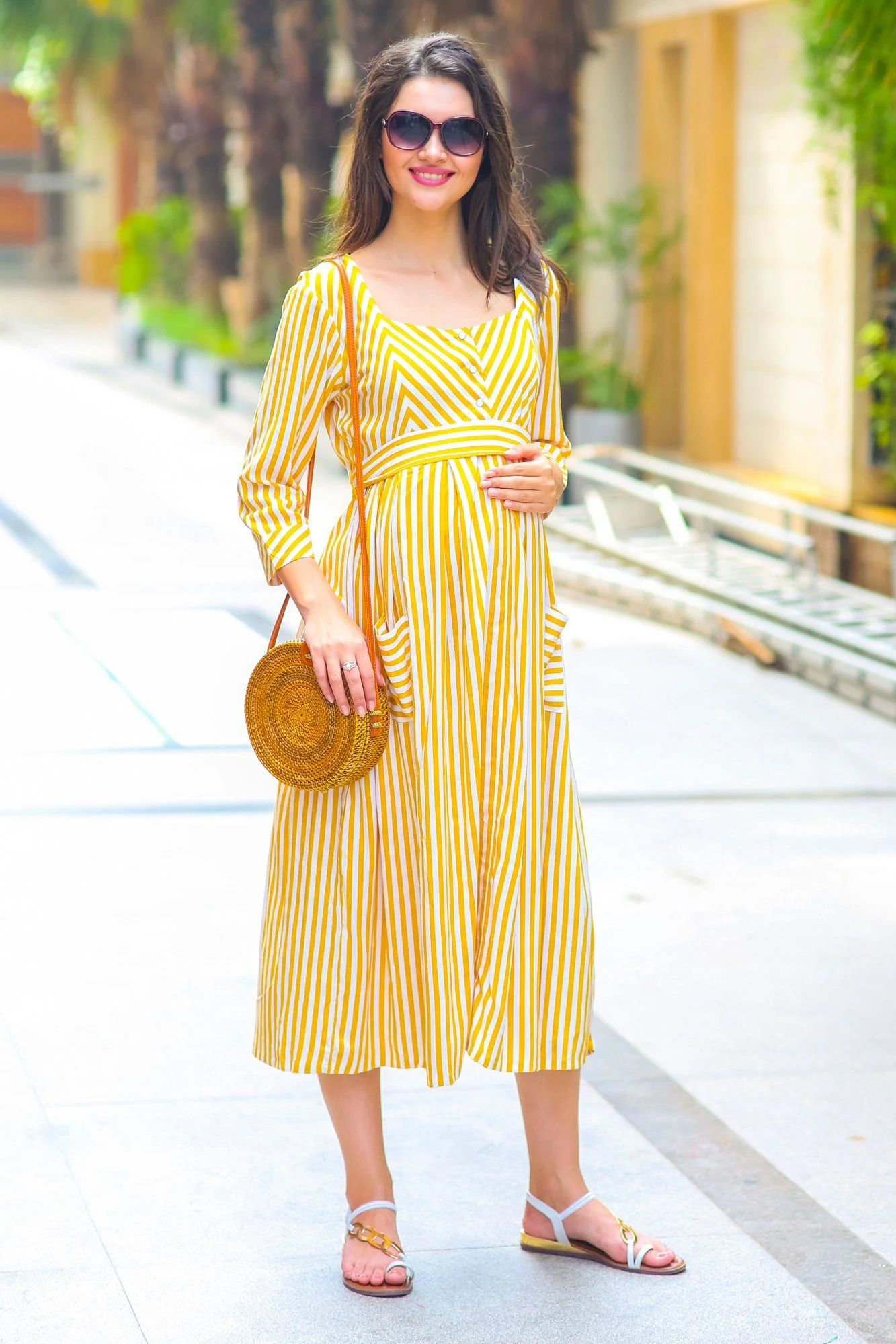 Sunshine Striped Pocket Maternity & Nursing Dress - Chenance
