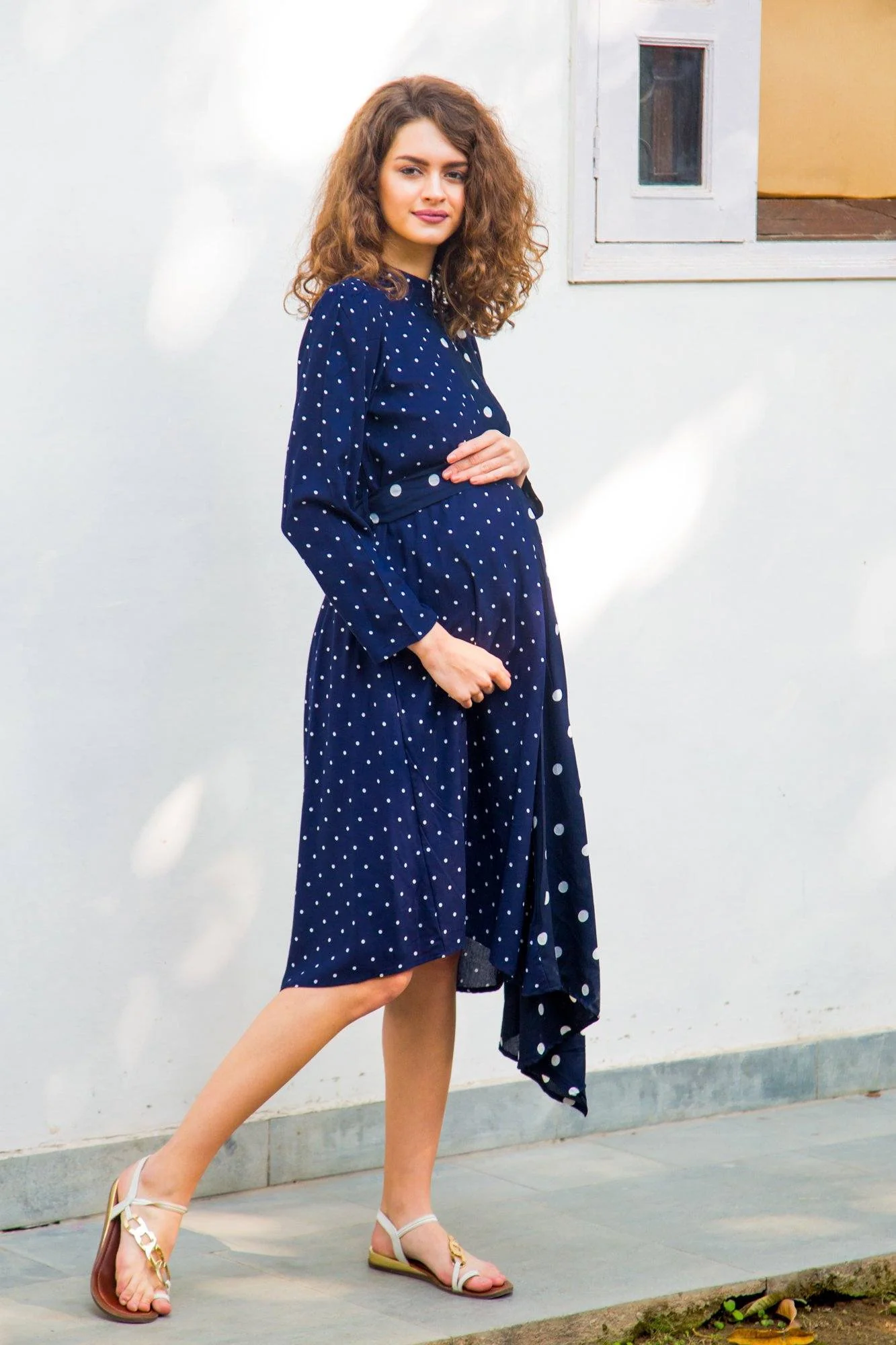 Asymmetrical Navy Polka High Neck Maternity & Nursing Dress - Chenance