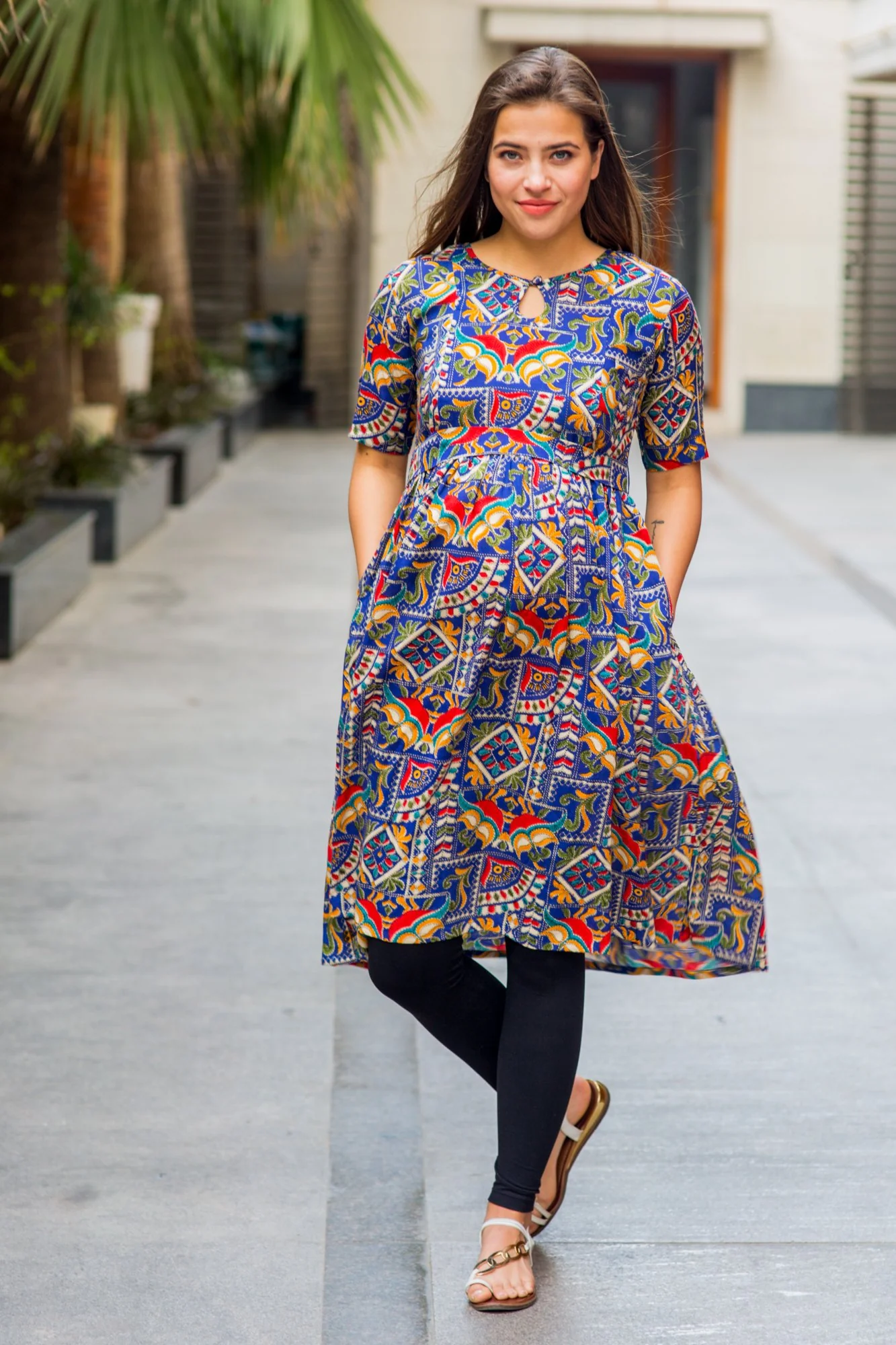 Azure Blue Threadwork Concealed Zip Maternity & Nursing Kurta - Chenance