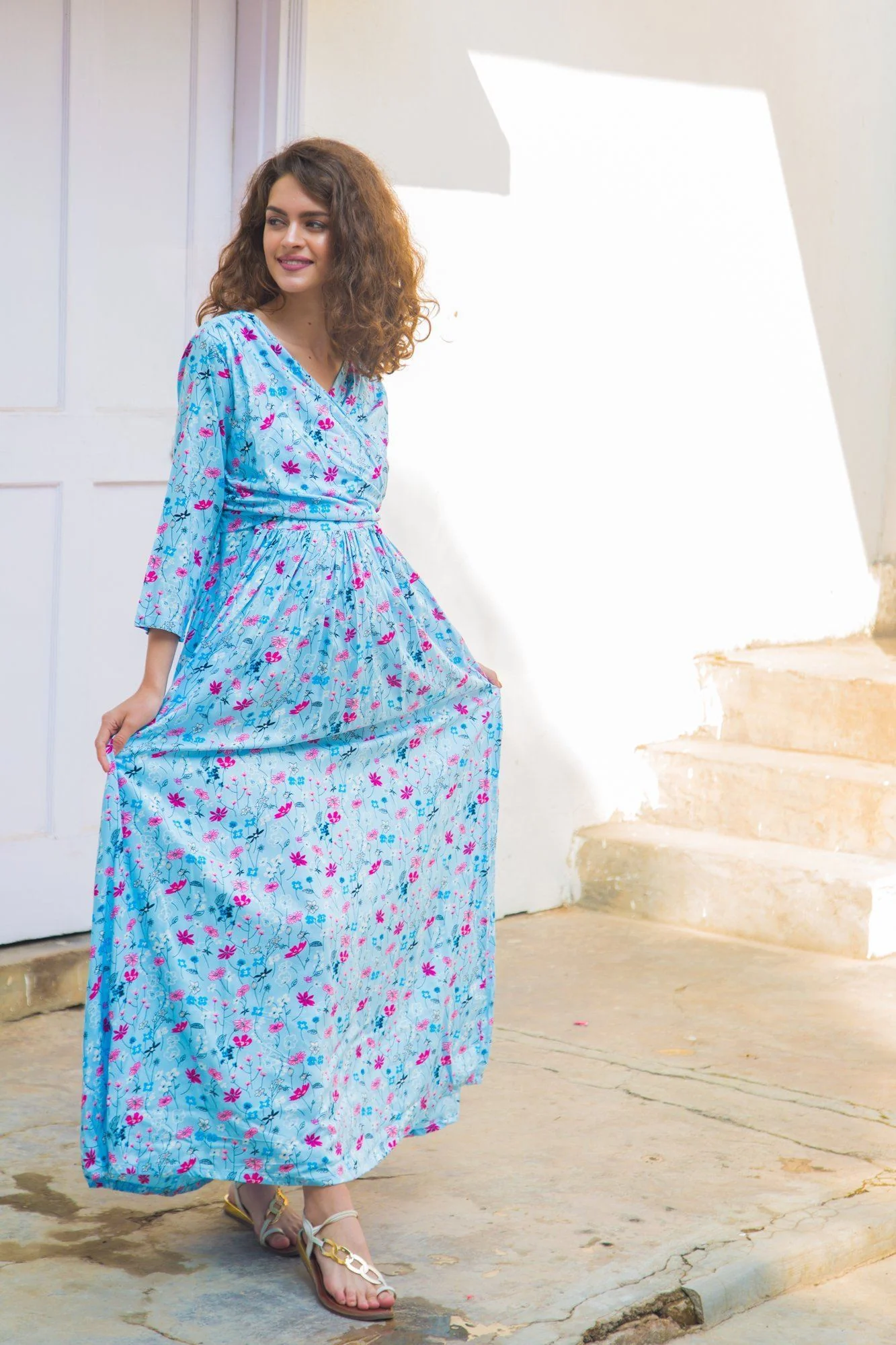 Sky Blue Floral  Maternity & Nursing Wrap Dress - Chenance