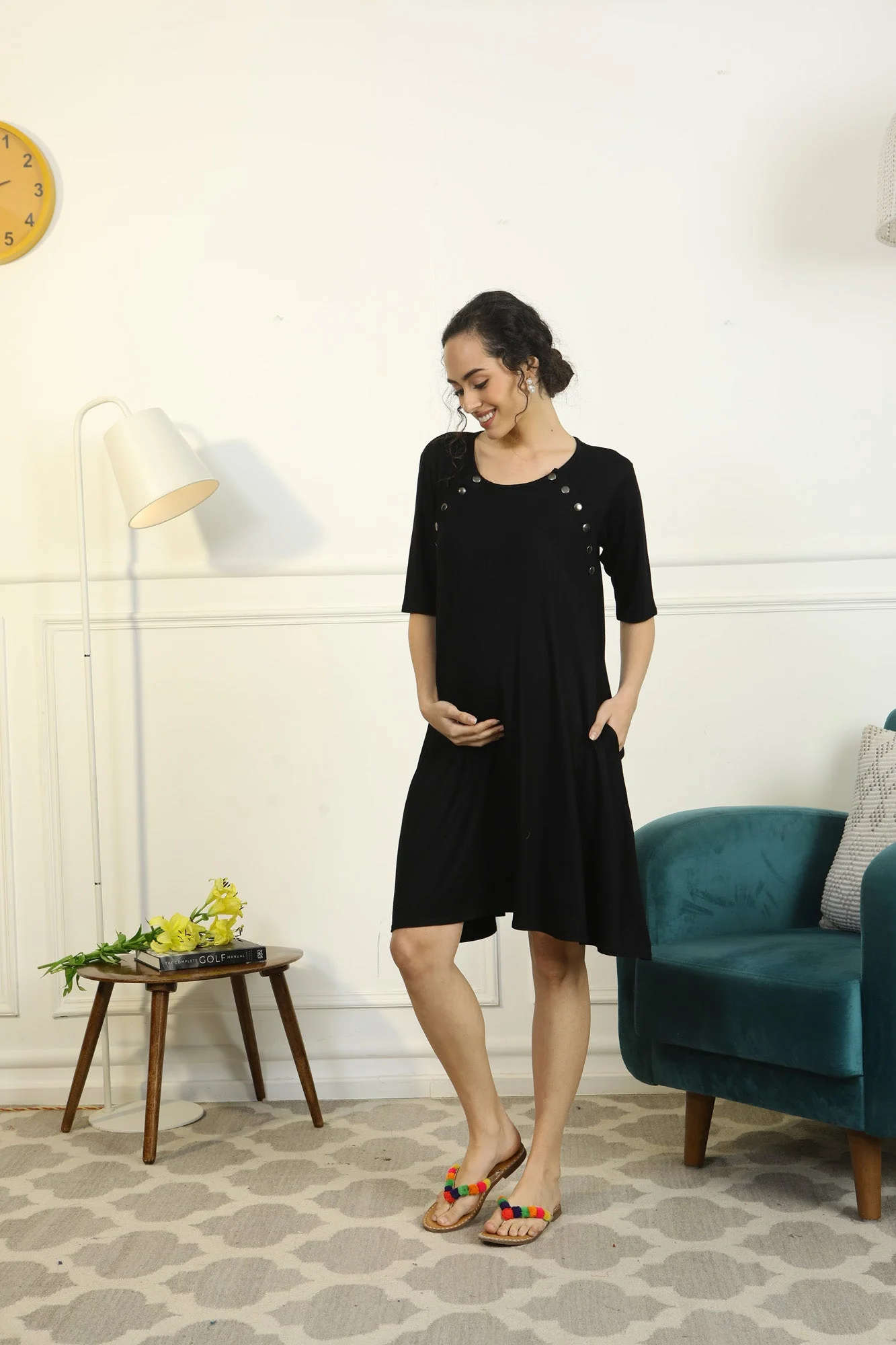 Soft Black Shoulder Snap Maternity & Nursing Night Dress / Delivery Gown/ Lounge Dress - Chenance