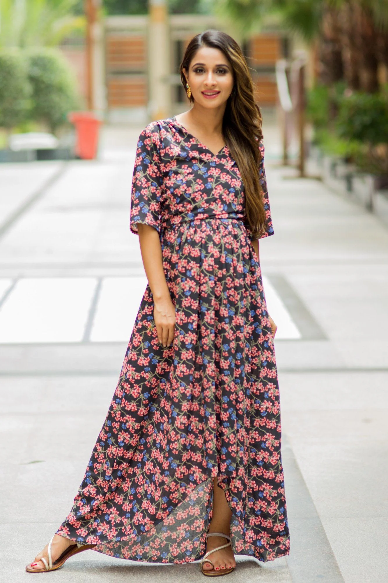 Midnight Blossom Hi-Low Maternity & Nursing Wrap Dress - Chenance