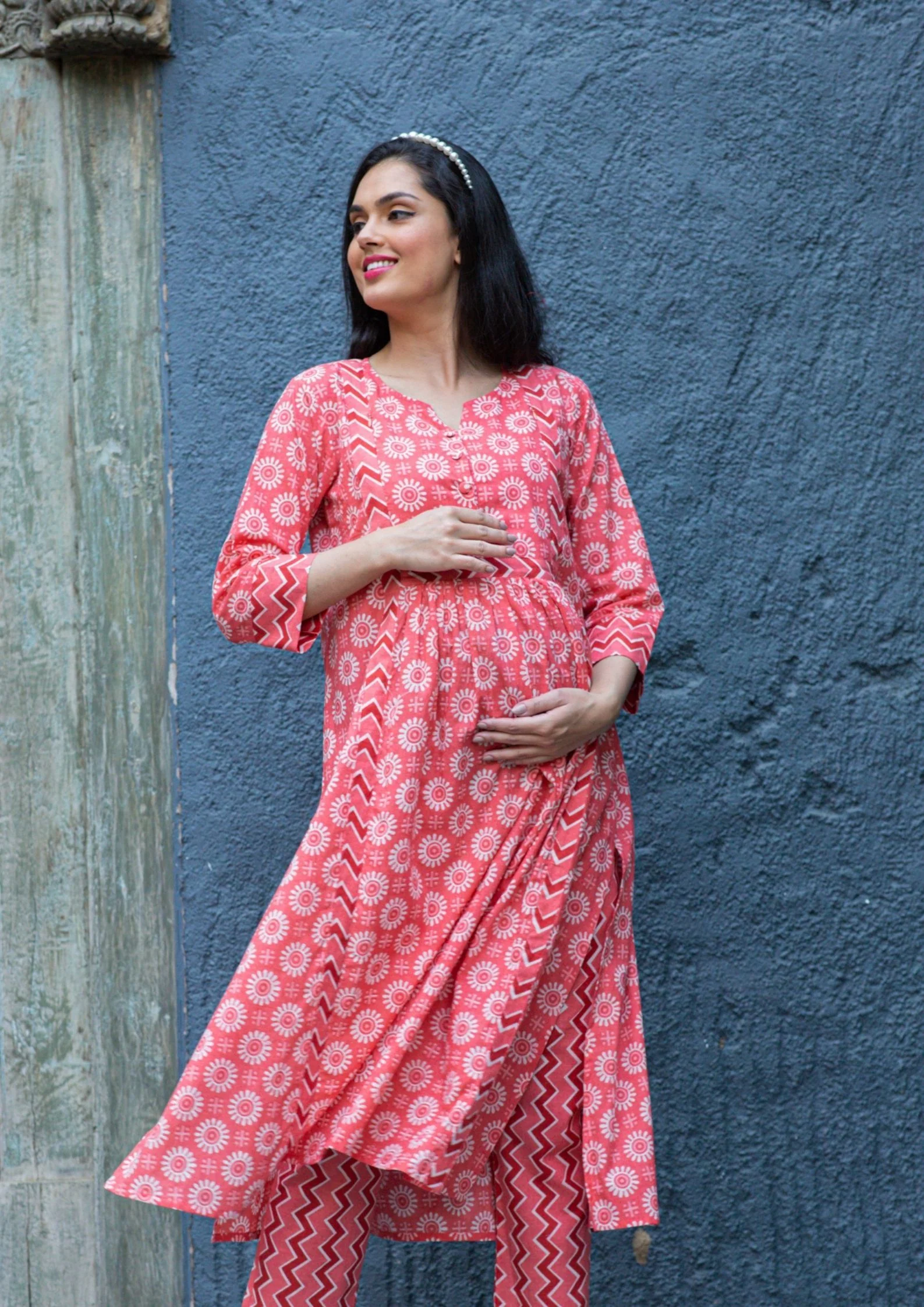 Apricot Floral Cotton Maternity and Nursing Long Top (100% Cotton) - Chenance