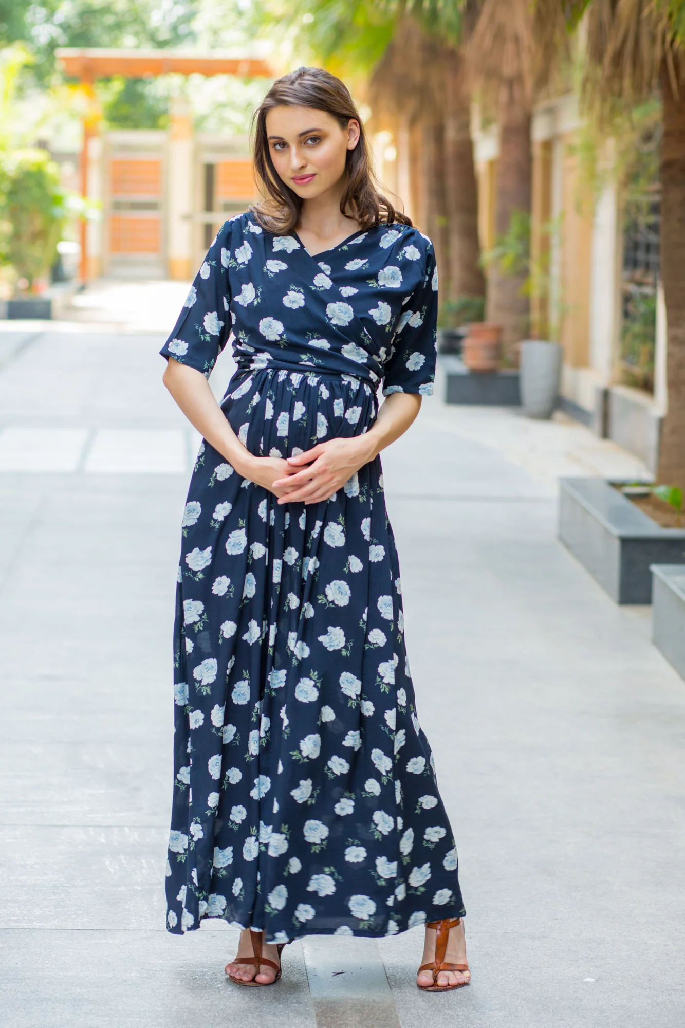 Navy White Blossom Maternity & Nursing Wrap Dress - Chenance