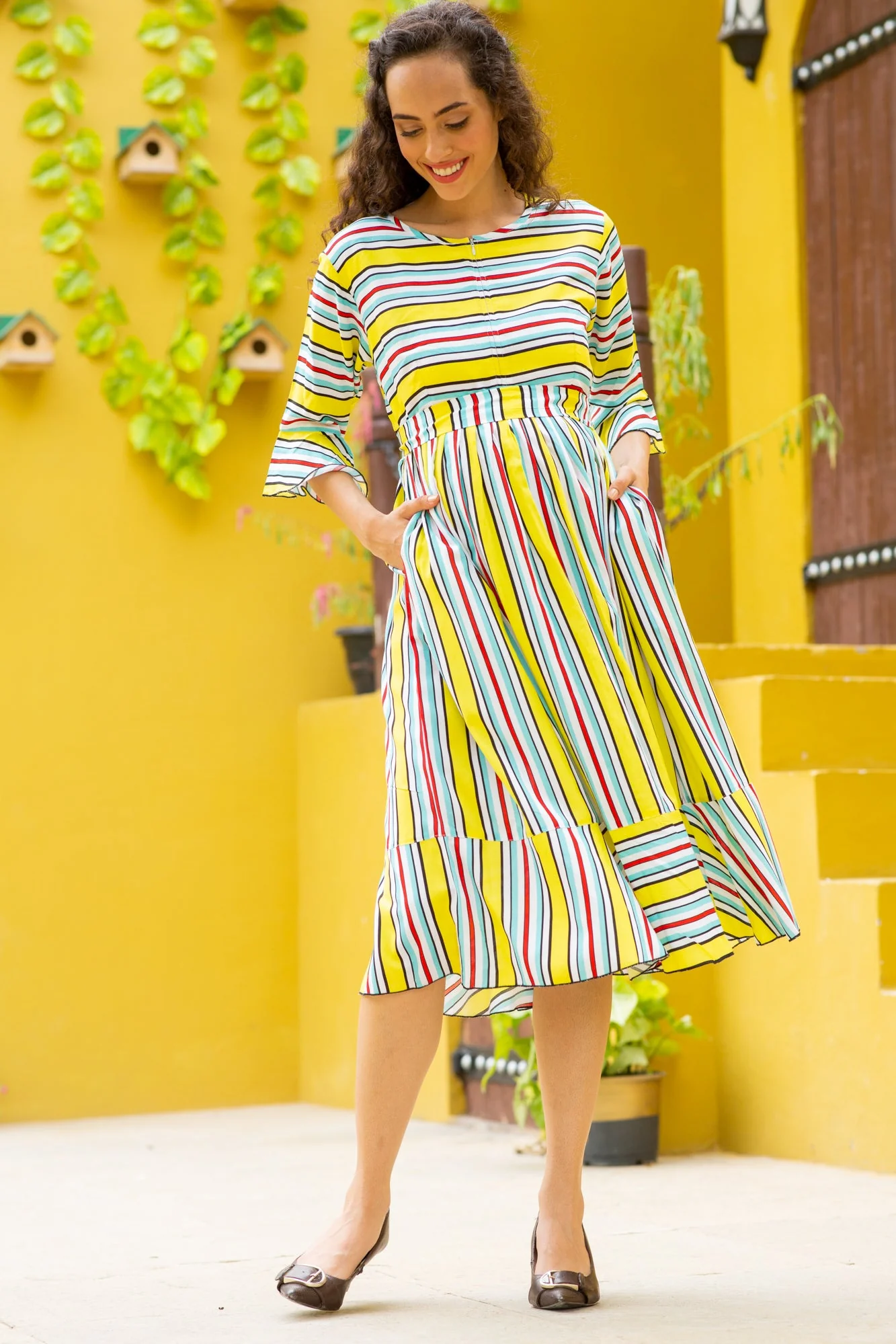Flattering Yellow Stripe Ruffle Maternity & Nursing Dress - Chenance