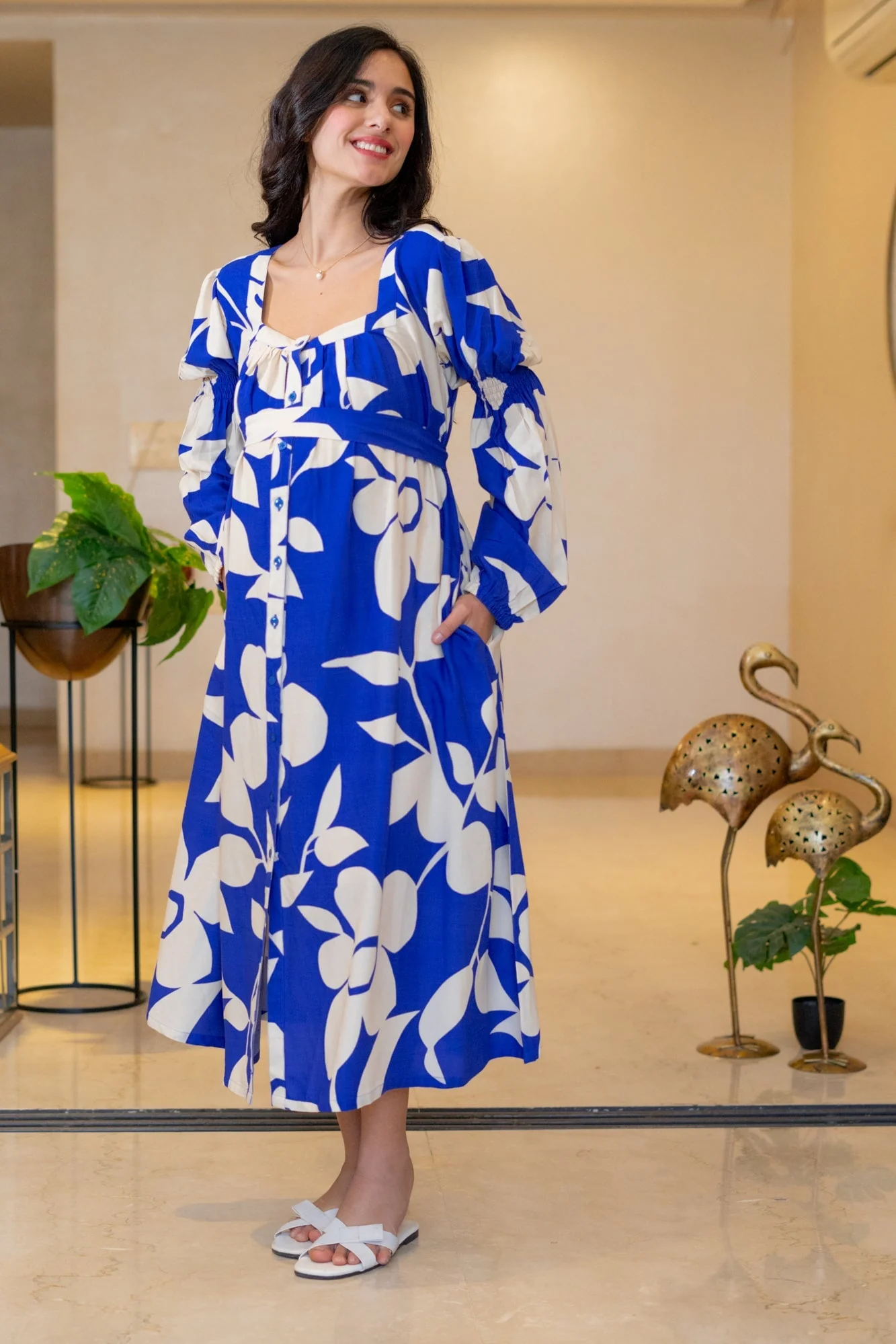 Admiral Blue Leafy Maternity & Nursing Dress - Chenance