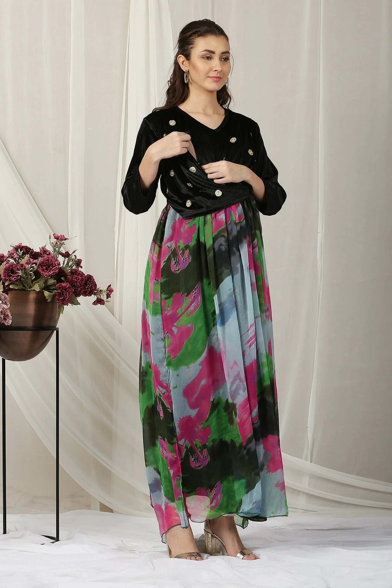 Luxe Colorful Black Velvet Maternity & Nursing Embroidered Wrap Dress - Chenance