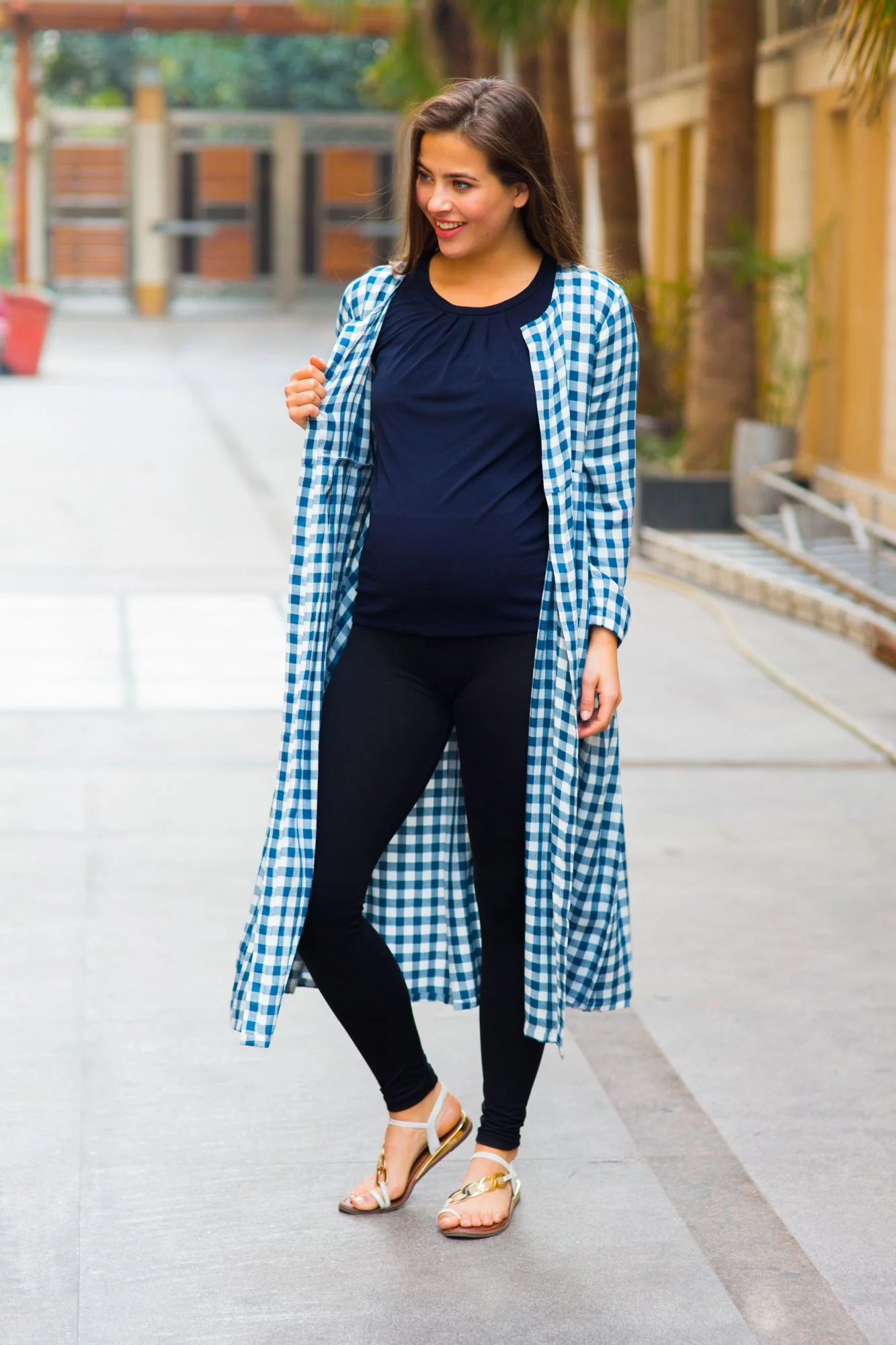 Azure Gathered Plaid Maternity Cover Up - Chenance