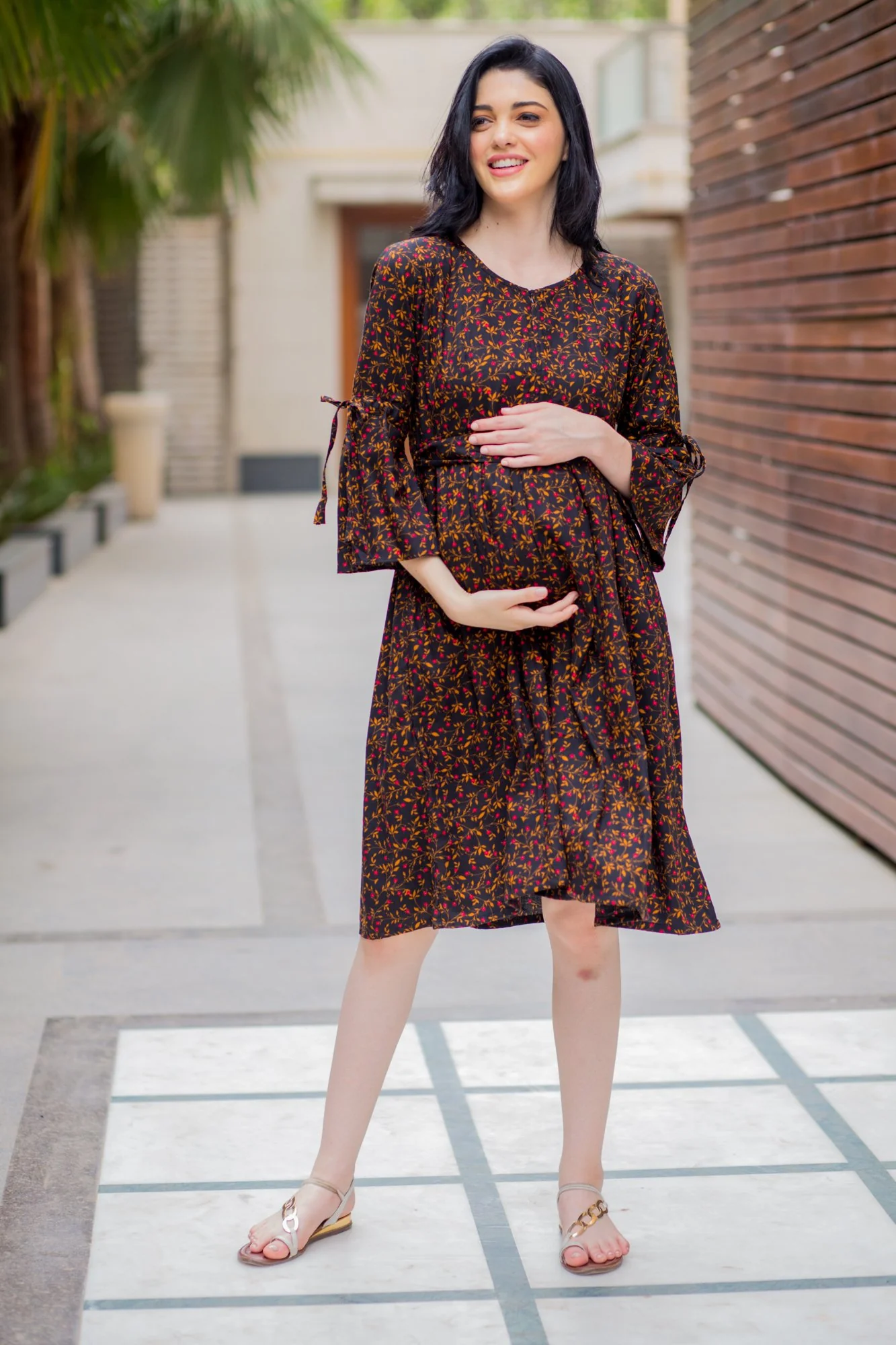 Black Floral Maternity & Nursing Front Zip Dress - Chenance