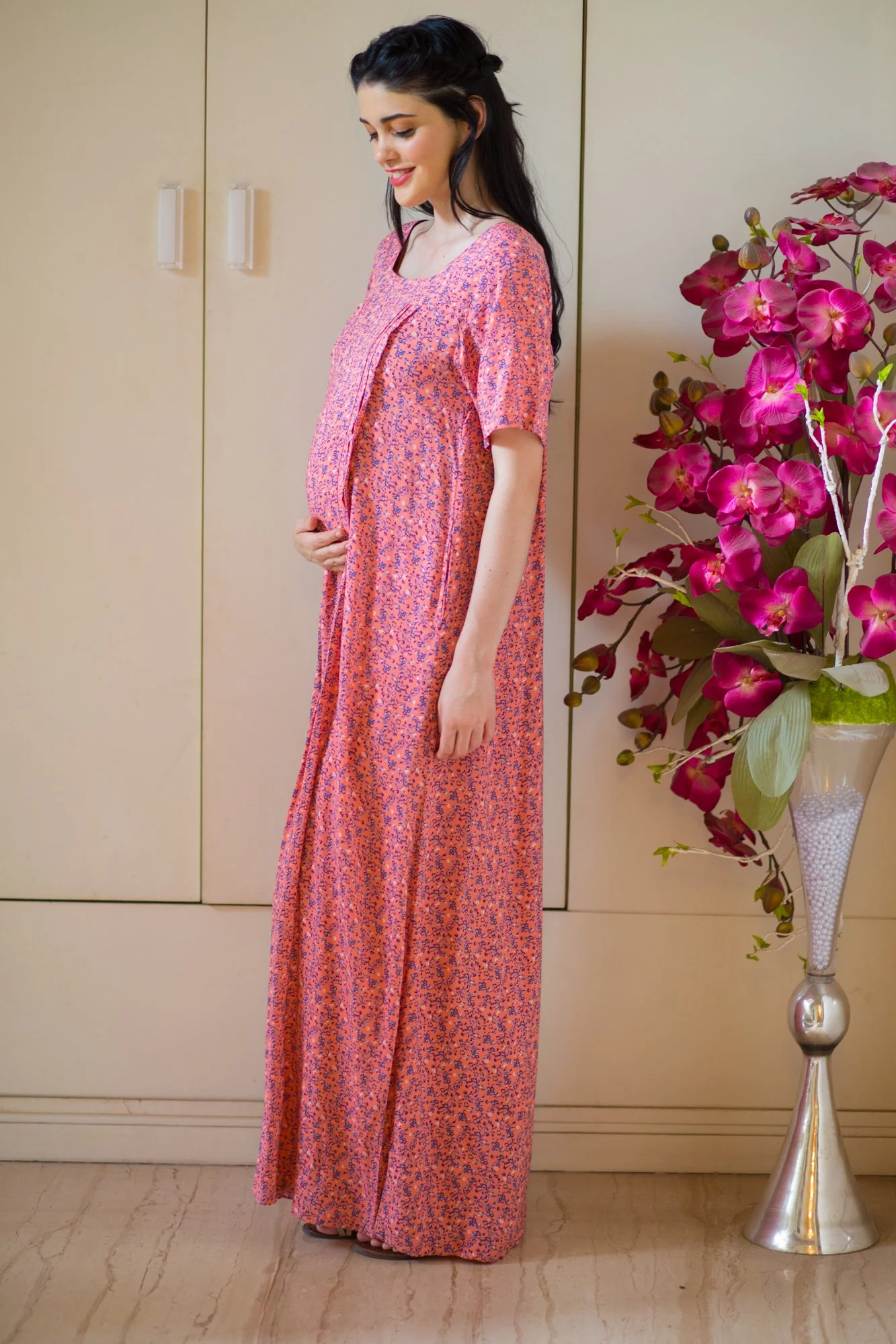 Coral Maternity & Nursing Concealed Zips Night Dress - Chenance