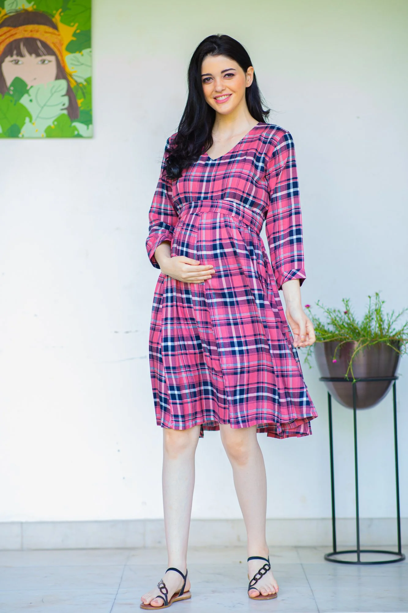 Plum Plaid Concealed Zips Maternity and Nursing Dress - Chenance