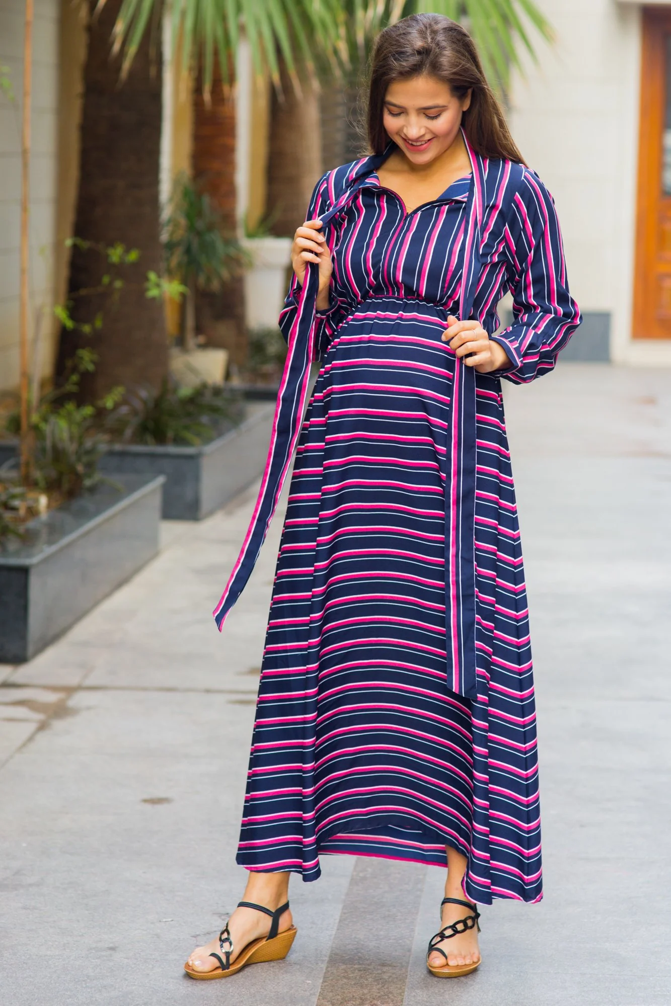 Unique Striped Neck Tie Bishop Sleeve Maternity & Nursing Dress - Chenance