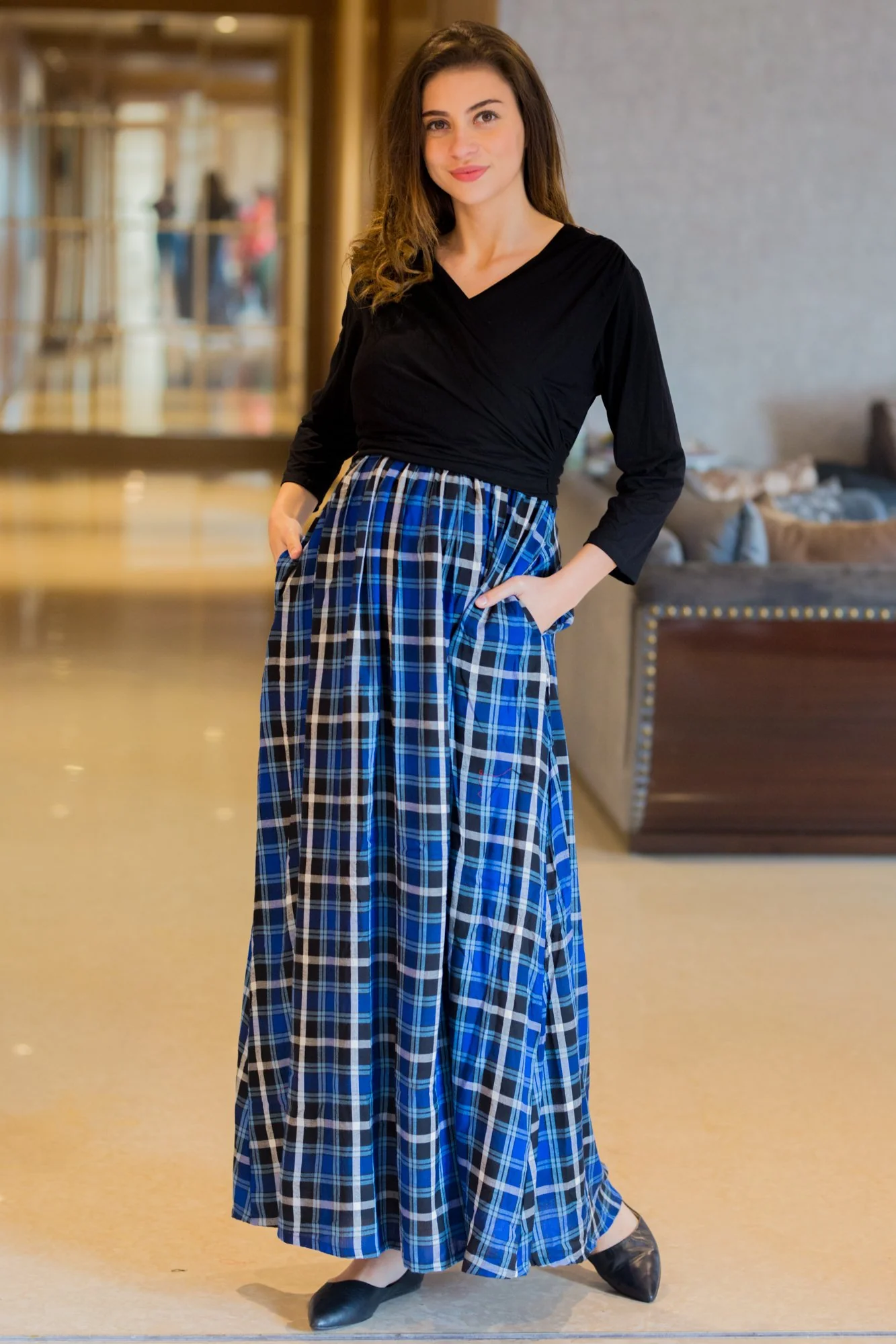 Classic Azure Plaid Maternity & Nursing Wrap Dress - Chenance