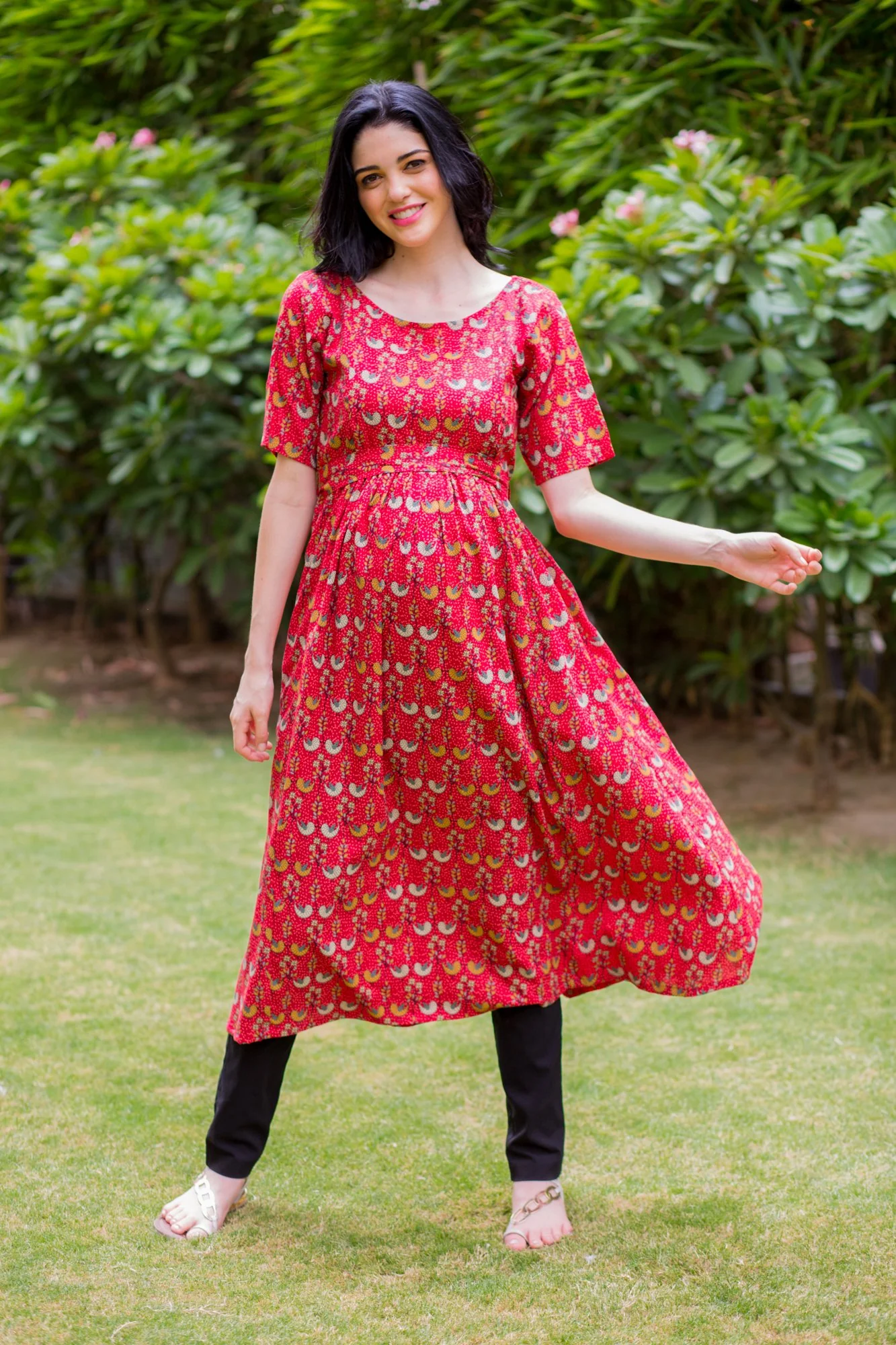 Chirpy Red Maternity & Nursing Concealed Zips Kurta Dress - Chenance