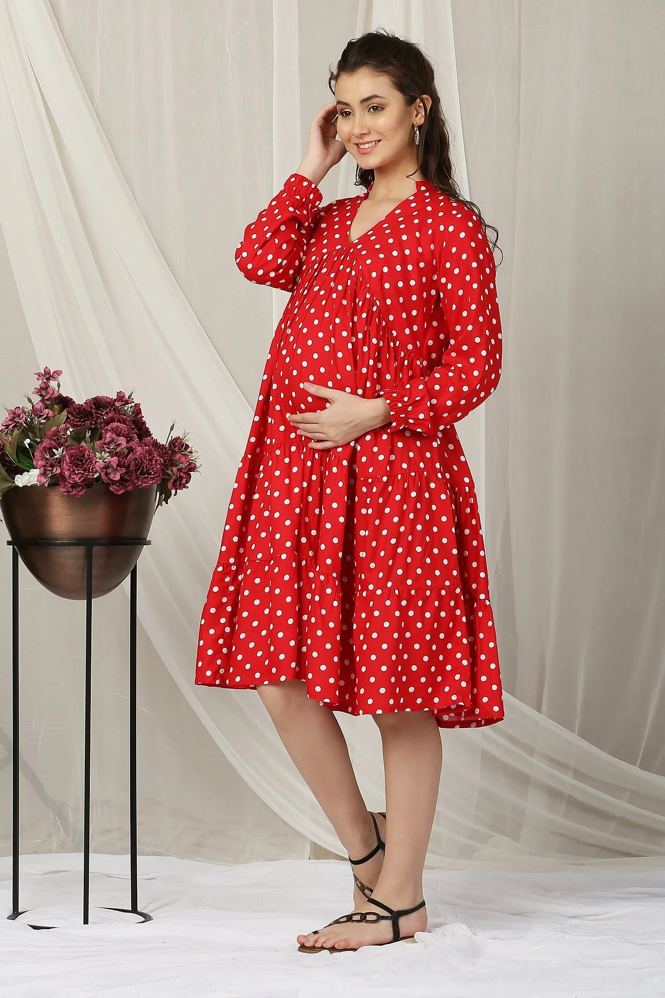 Timeless Red Polka Maternity & Nursing Layered Dress - Chenance