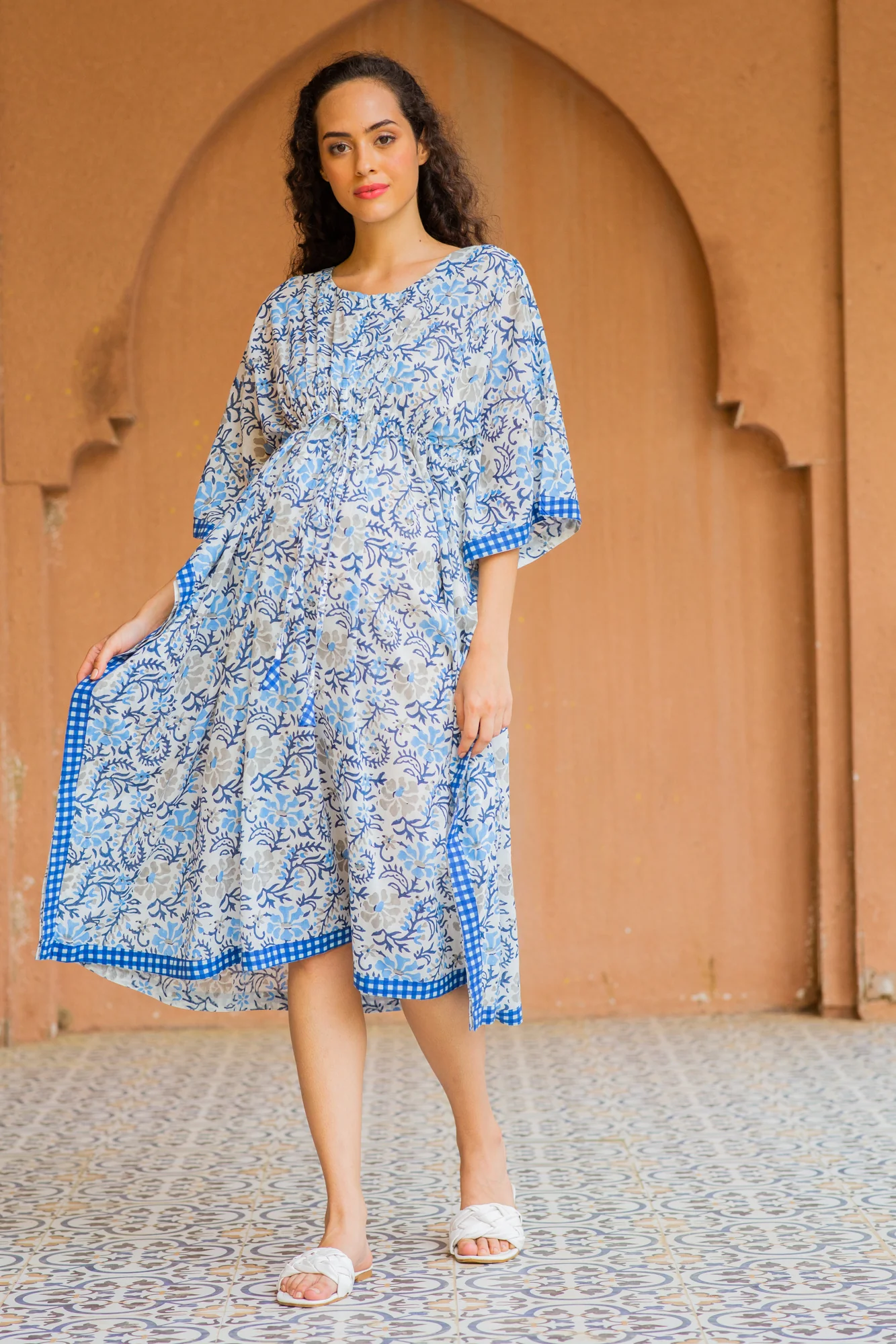 Angelic White Cotton Floral Maternity & Nursing Kaftan (100% Cotton) - Chenance