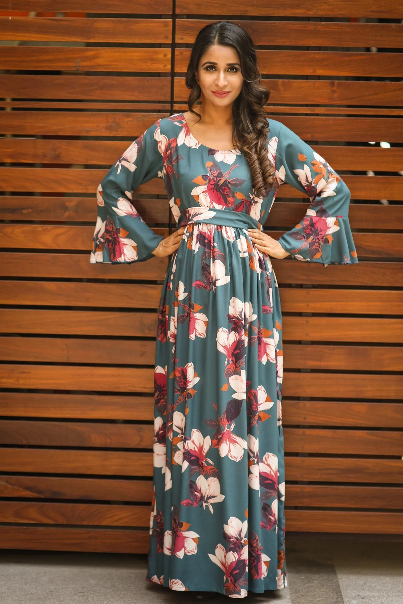 Berry Teal Bell Sleeves Front Zip Maternity & Nursing Maxi - Chenance