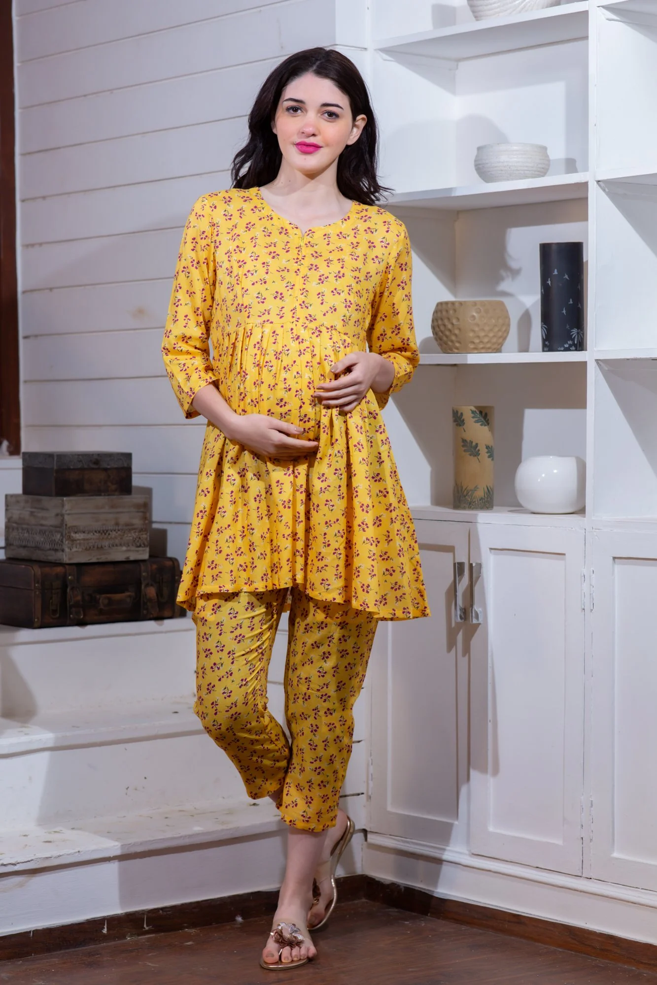 Angelic Yellow Maternity & Nursing Night Suit Set - Chenance
