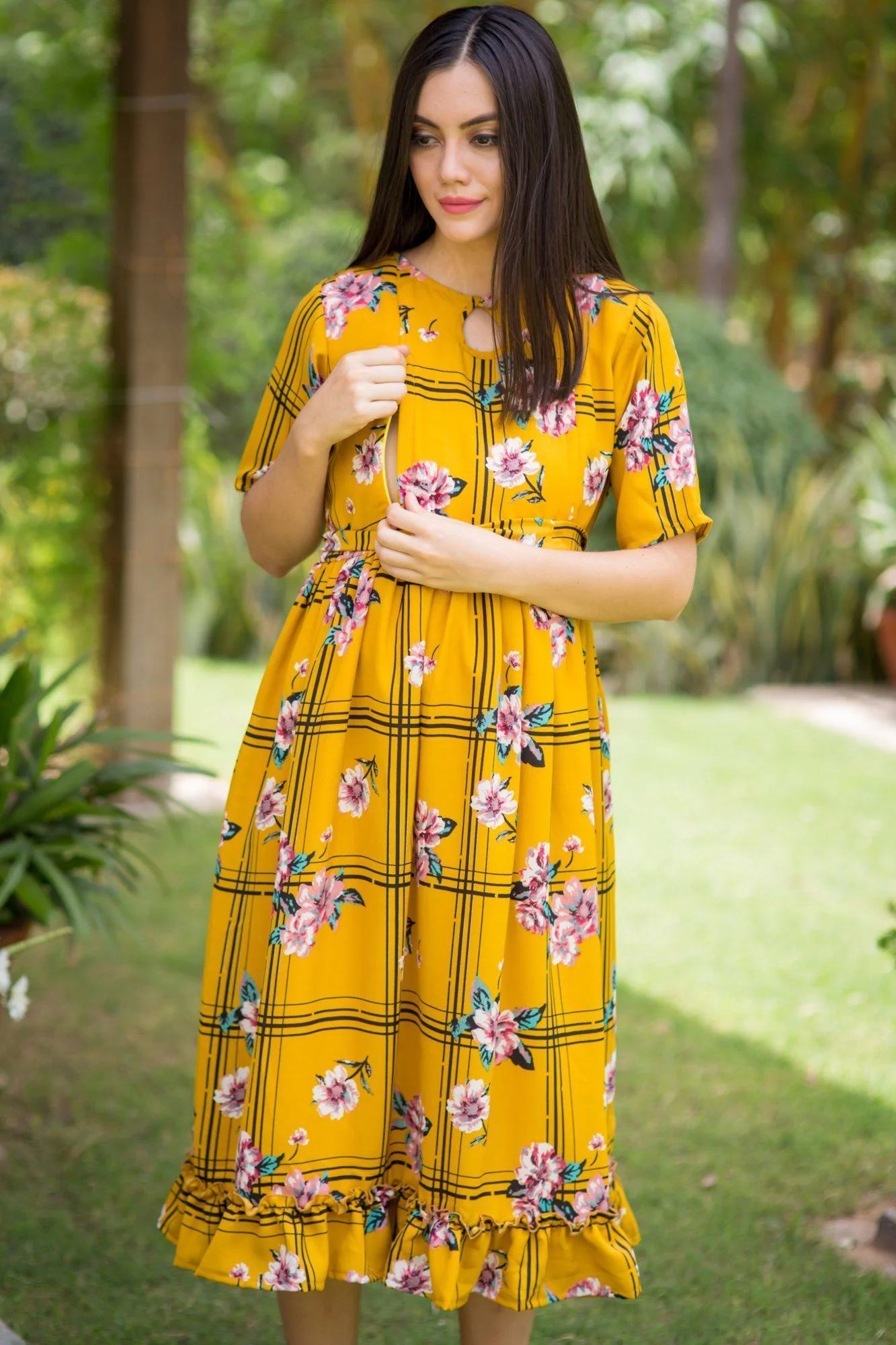 Sunny Striped Floral Frill Concealed Zips Nursing Dress - Chenance