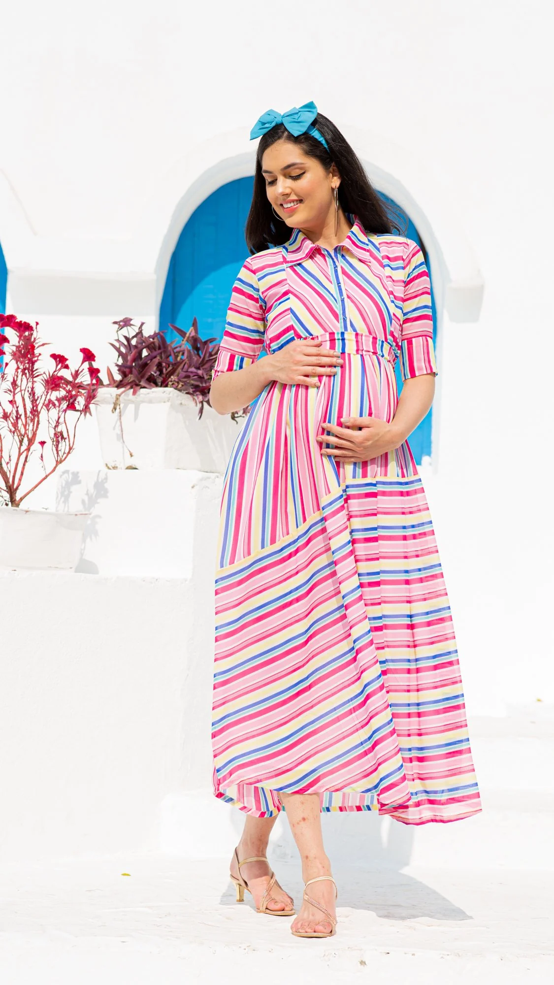 Vibrant Striped Maternity & Nursing Dress - Chenance