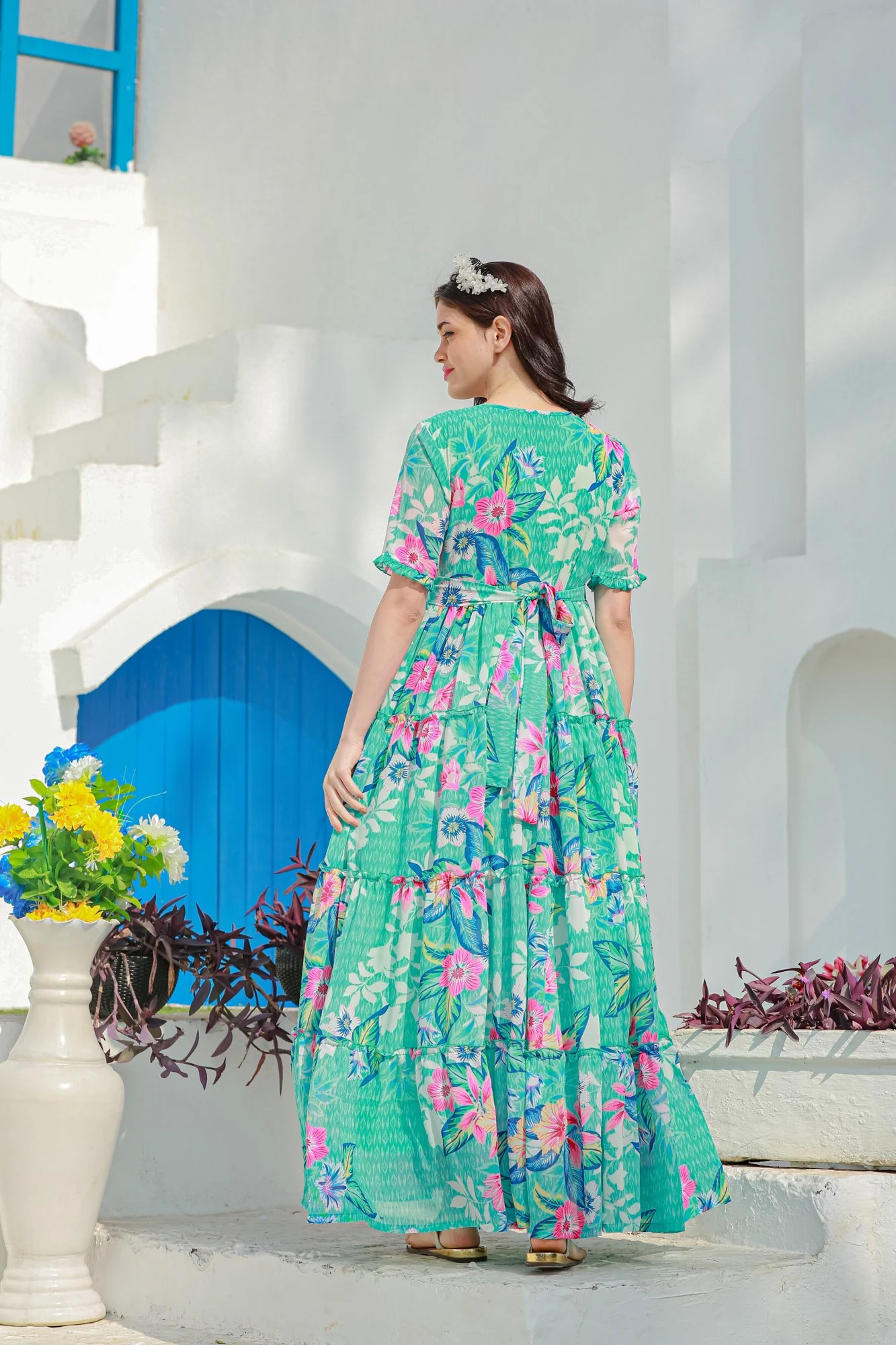 Aqua Pink Multilayer Frill Single Concealed Zip Maternity & Nursing Dress - Chenance