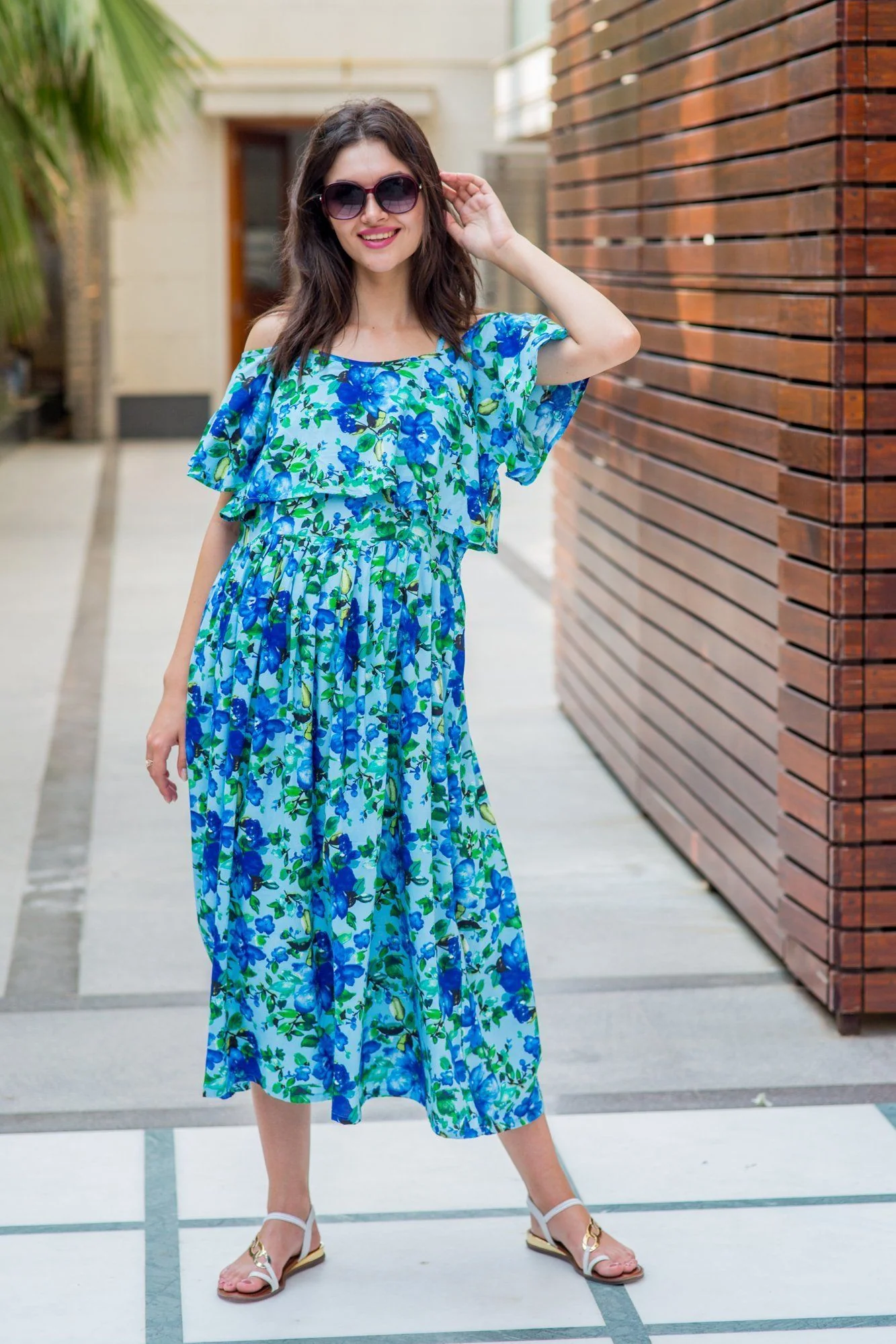 Aqua Leafy Cold Shoulder Maternity & Nursing Maxi - Chenance