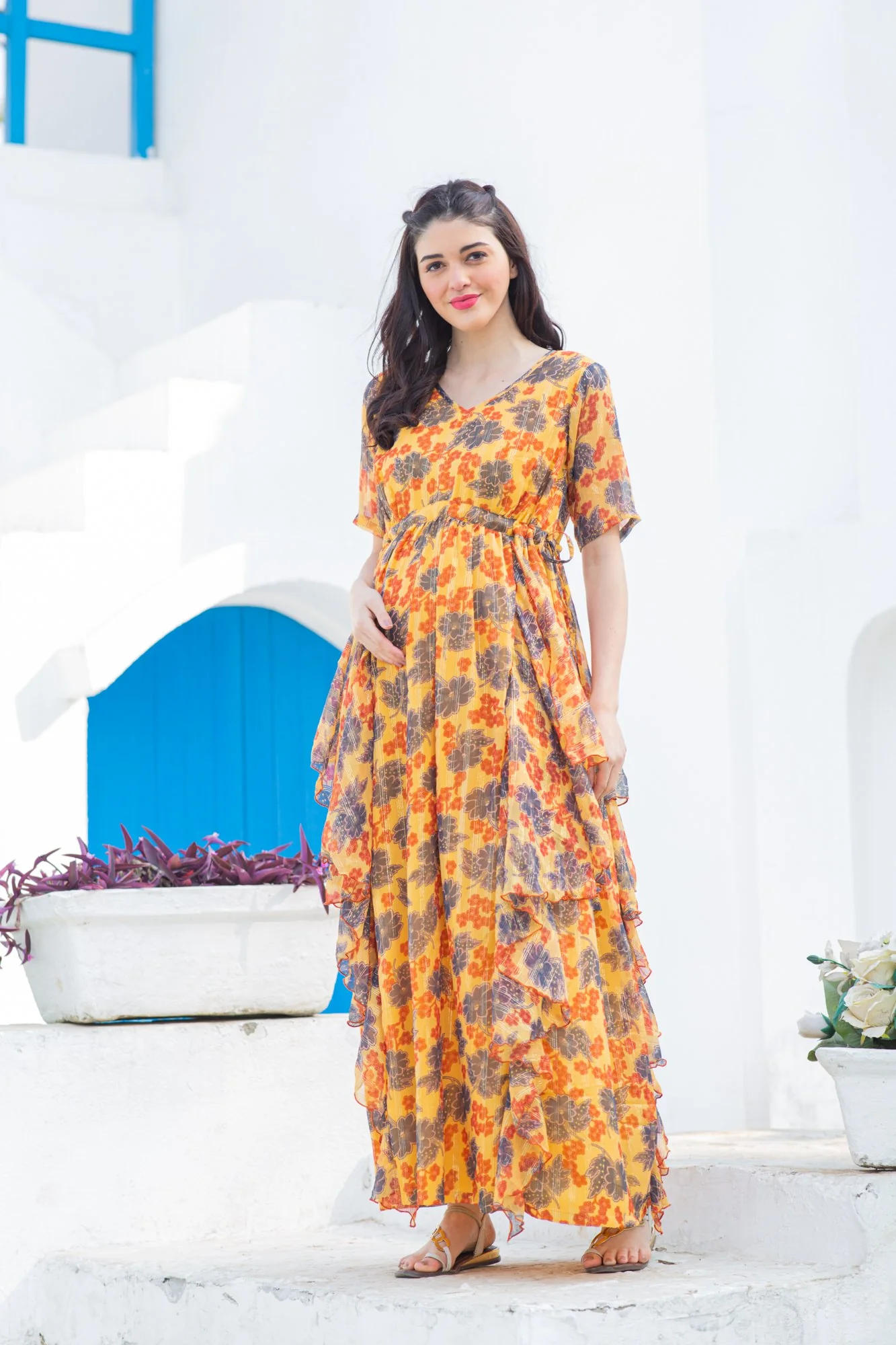 Vibrant Yellow Floral Maternity Flow Dress - Chenance