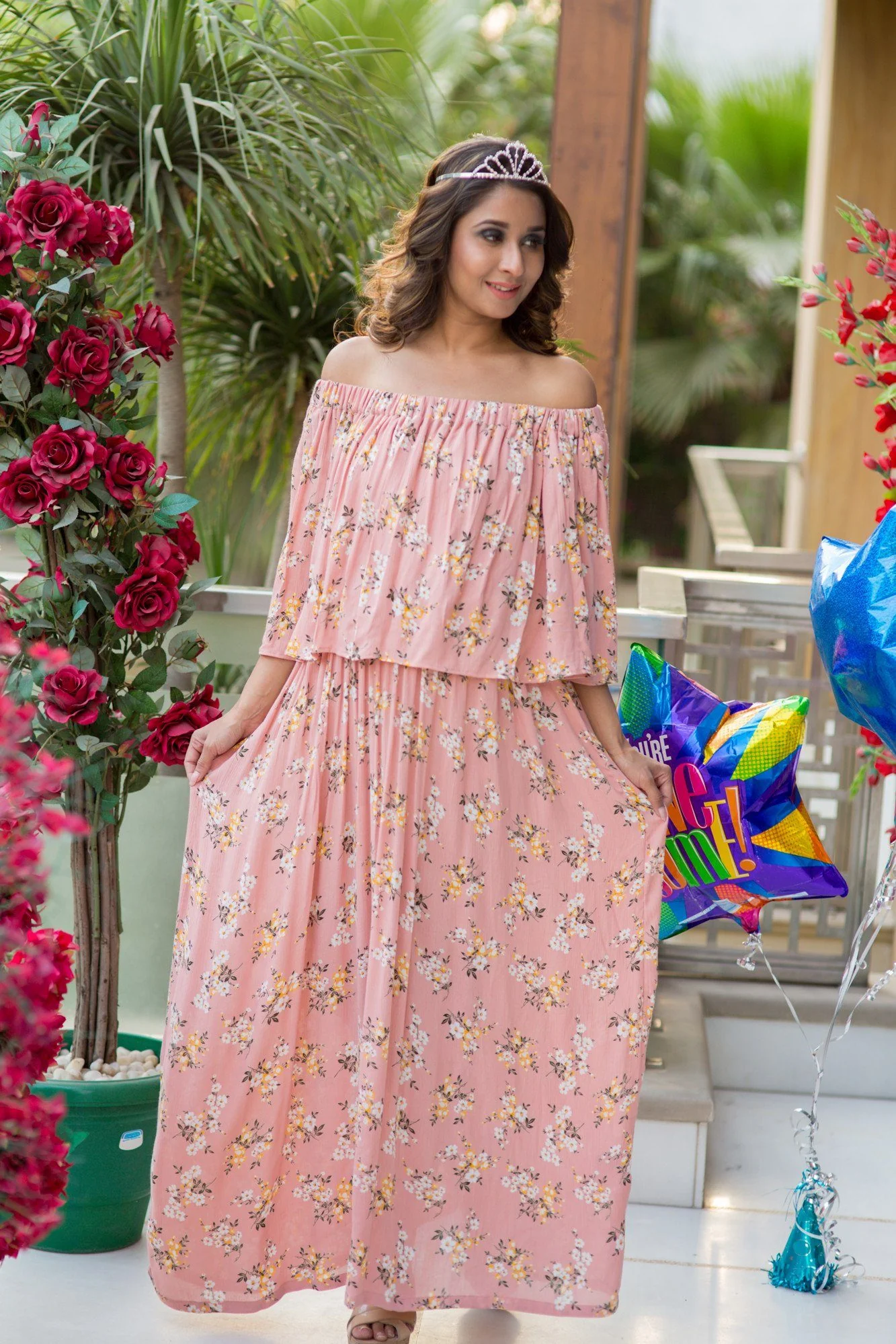 SO Pink Floral Off-Shoulder Maternity Maxi Dress - Chenance