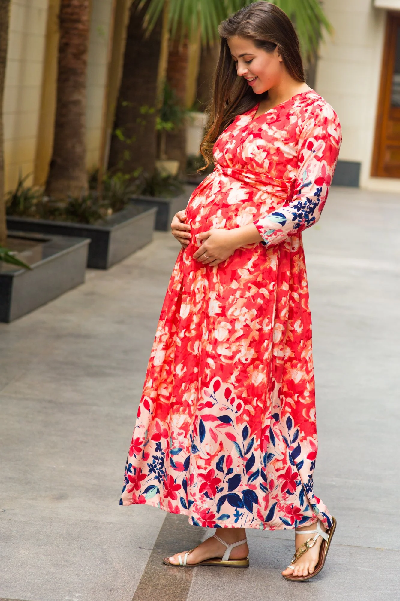 Peachy Blossom Ombre Maternity Knot Dress - Chenance