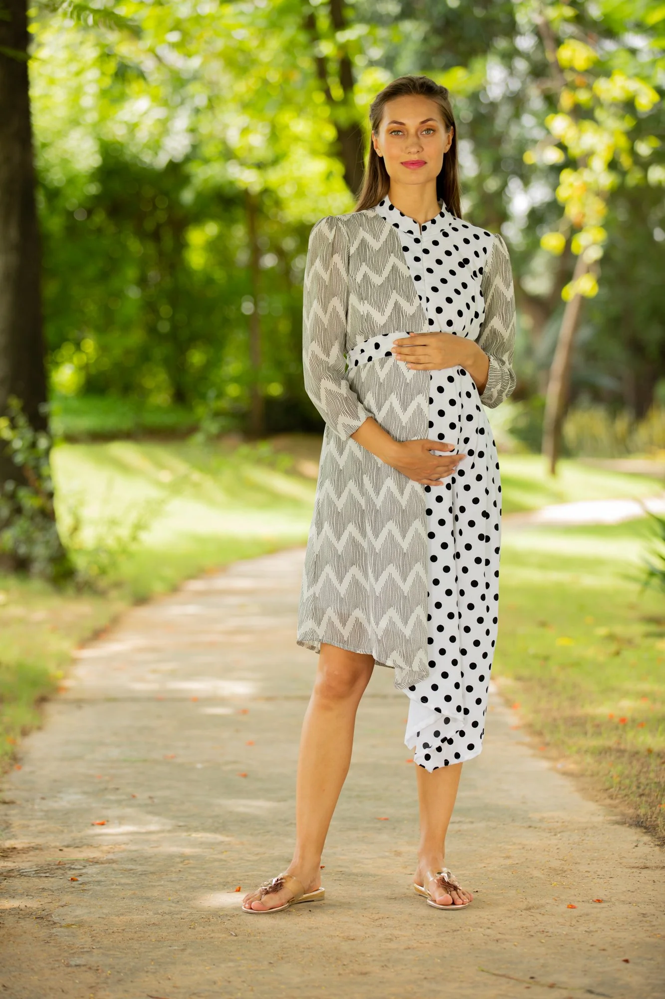 Asymmetrical Zig-Zag High Neck Maternity & Nursing Dress - Chenance