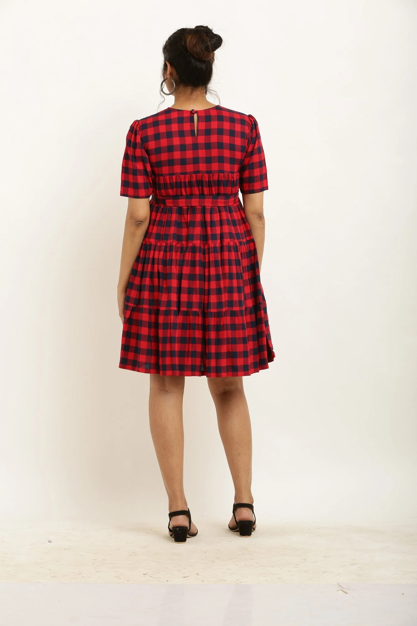 Adorable Red Plaid Maternity & Nursing Gathered Knee Dress - Chenance