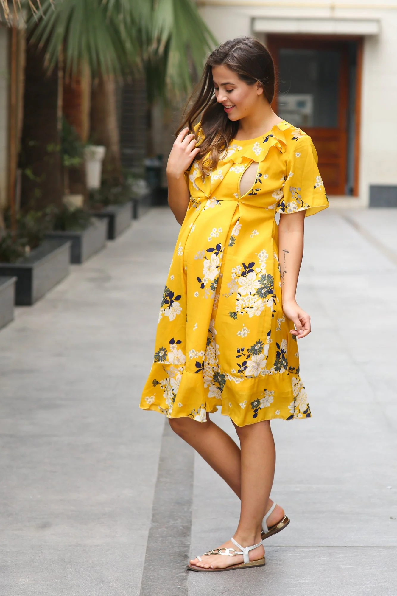 Sunrise Yellow Frill Maternity & Nursing Dress - Chenance