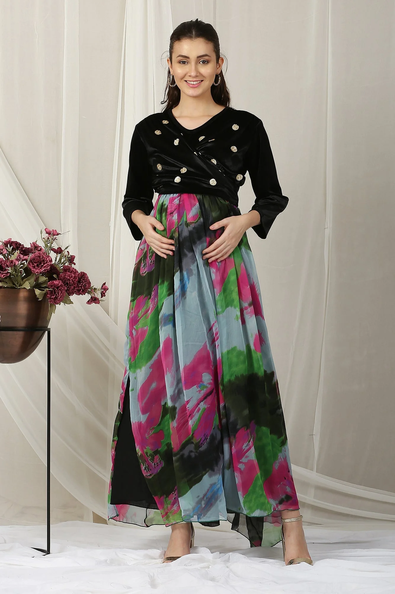 Luxe Colorful Black Velvet Maternity & Nursing Embroidered Wrap Dress - Chenance